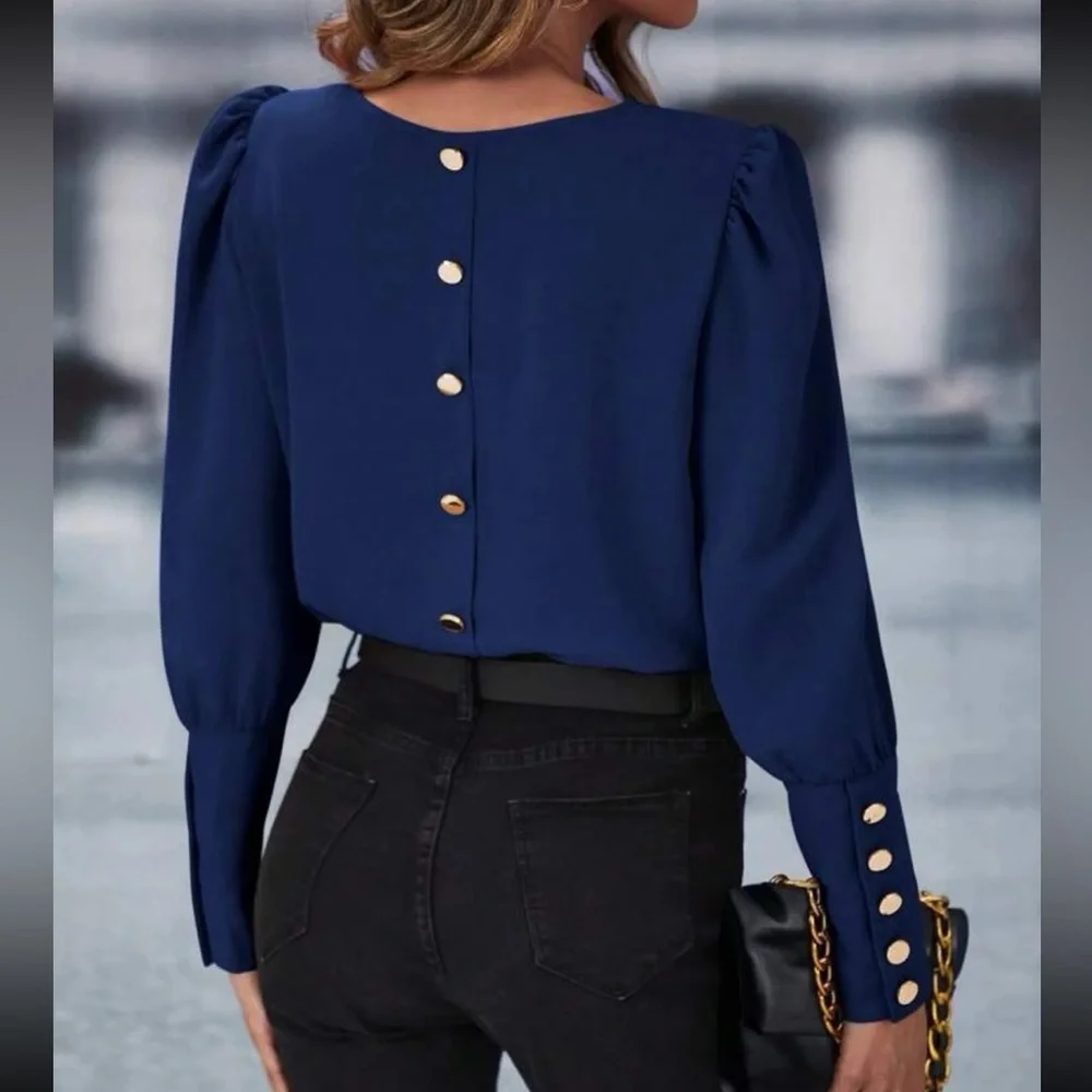 Luxe navy blue button back puff sleeve blouse
